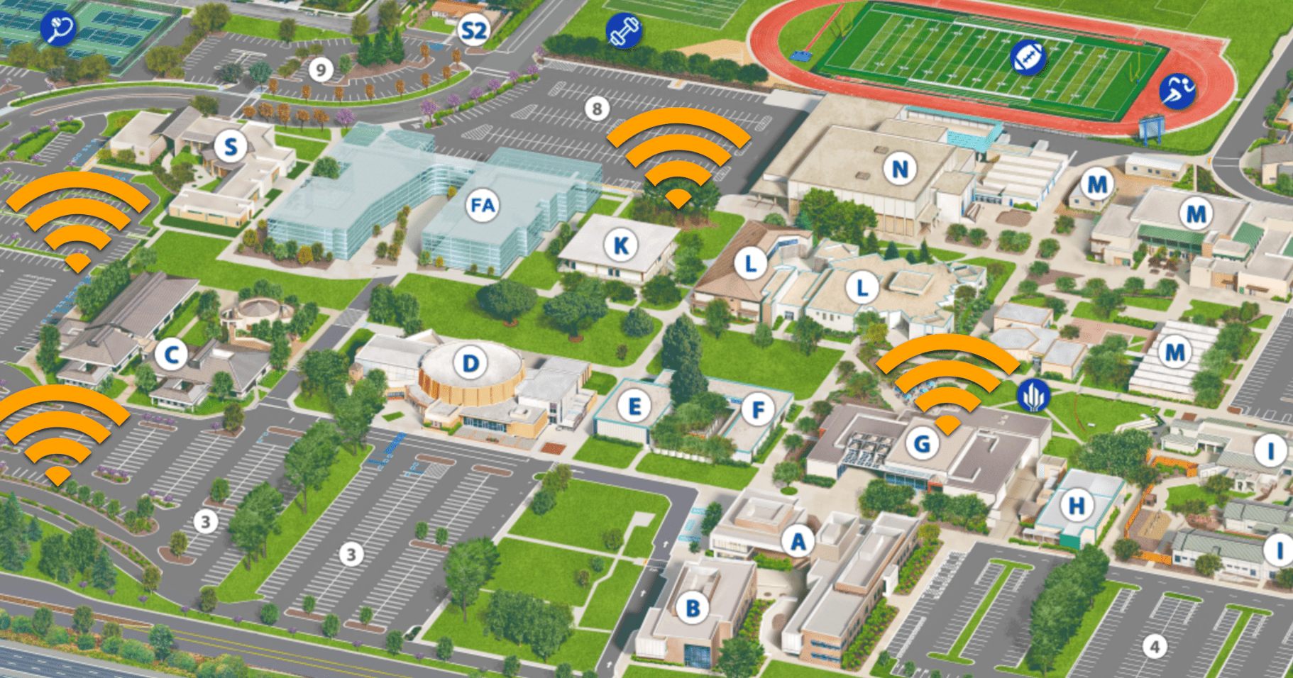 a map of the santa maria campus with prominant markings for where outdoor Wi-Fi is available.