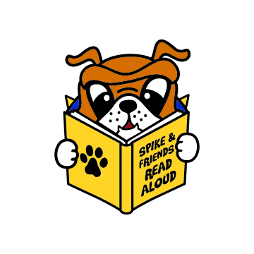 Logo featuring Spike reading a book out loud